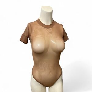 SKIMS size XS mesh short sleeve bodysuit top sienna brown sheer kim k NWT